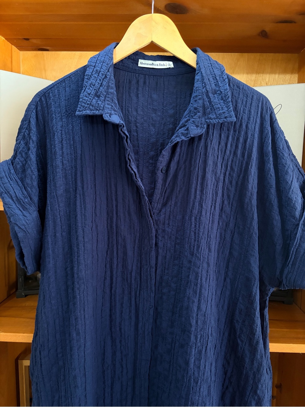Abercrombie And Fitch Navy Blue Textured Cotton Mini Dress Size L Minimalist - Picture 5 of 8